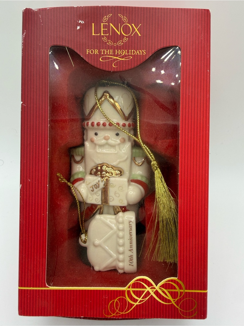 Lenox White, Gold & Red Nutcracker Ornament with Gold Tassel 10th Anniversary